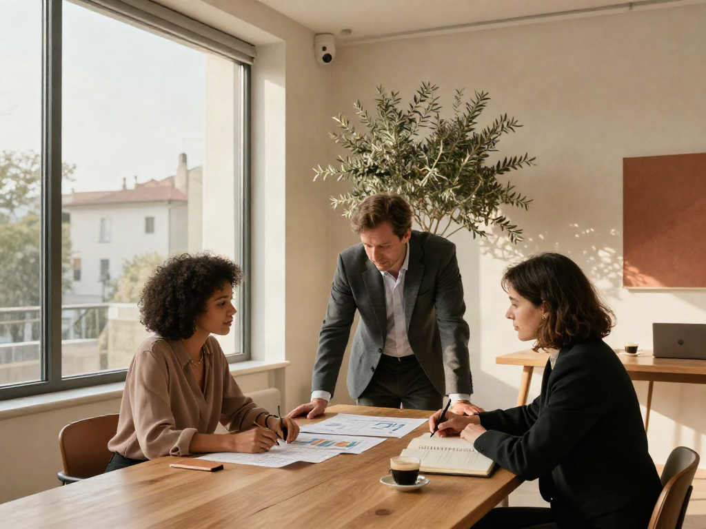 Consultants collaborating over data and strategic plans in a sunlit meeting room